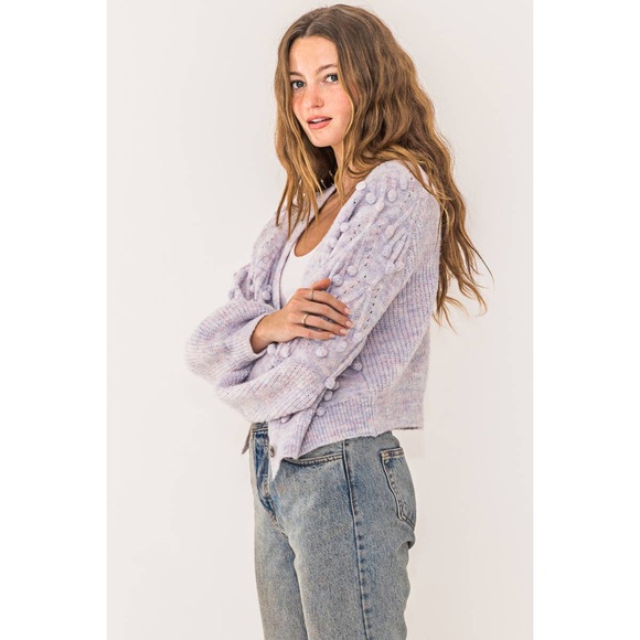 LAST 1! Cropped Pom Pom Lavender Sweater Cardigan - Picture 7 of 10